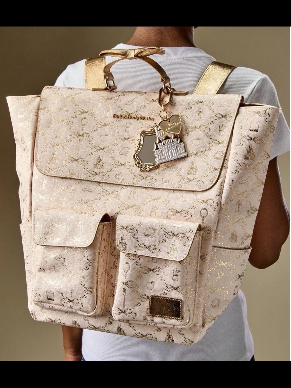 Bath & Body Works Princess Fairytale Cream Backpack with Gold Accents and Charm